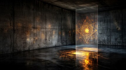 Glowing patterns projected on wall from transparent sheet industrial setting digital art creative space abstract concept