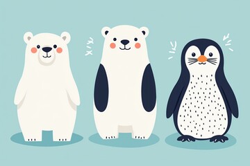 Obraz premium Playful arctic animals polar bears and penguin charm illustration