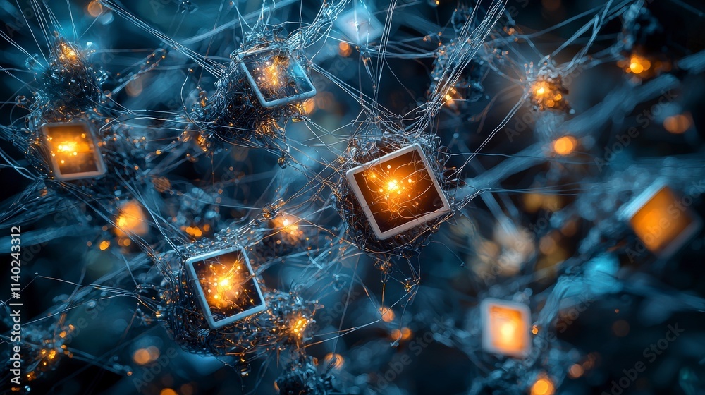 Poster Glowing cords and polaroids a digital web of memories abstract space visual art futuristic aesthetic concept