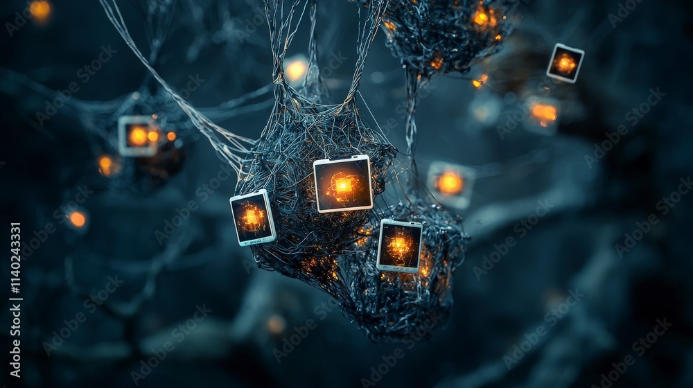 Leinwandbilder intricate web of glowing cords connecting polaroids dark environment digital art abstract conceptual