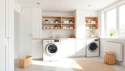 Scandinavian Style - Interior Design of Laundry Room with Scandinavian Concept - Hotel Laundry Room - Apartment Laundry Room Interior with Washing Machine - Interior Design
