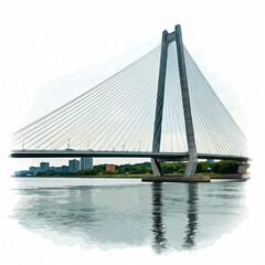 Obraz premium Bridge Over the River: A serene watercolor painting of a cable-stayed bridge spanning a tranquil river, the urban cityscape in the distance adding a touch of contemporary allure.