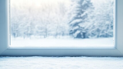 Snowy forest view through a frosted window winter wonderland scenic nature photography tranquil atmosphere