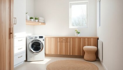 Fototapeta premium Scandinavian Style - Interior Design of Laundry Room with Scandinavian Concept - Hotel Laundry Room - Apartment Laundry Room Interior with Washing Machine - Interior Design