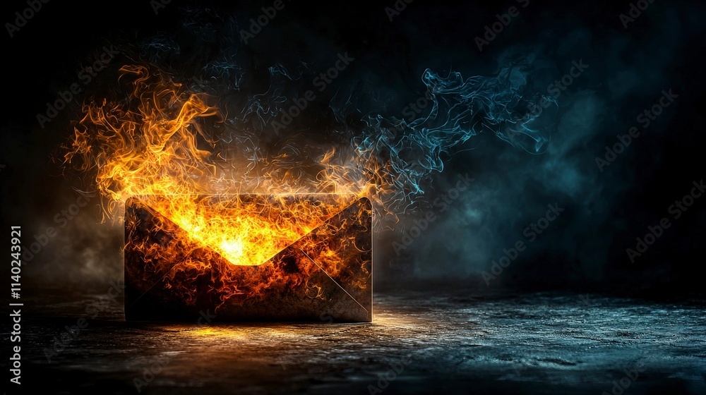Poster Surreal action scene of a fiery envelope dark studio digital art environment abstract concept