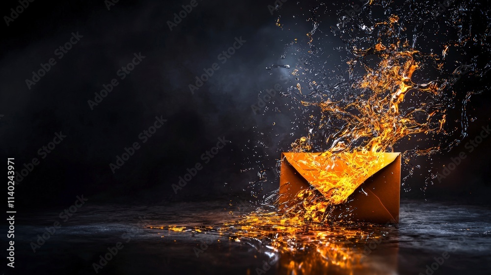 Poster explosive water burst from glowing envelope dark studio surreal art dramatic lighting abstract conce