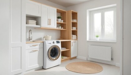 Scandinavian Style - Interior Design of Laundry Room with Scandinavian Concept - Hotel Laundry Room - Apartment Laundry Room Interior with Washing Machine - Interior Design