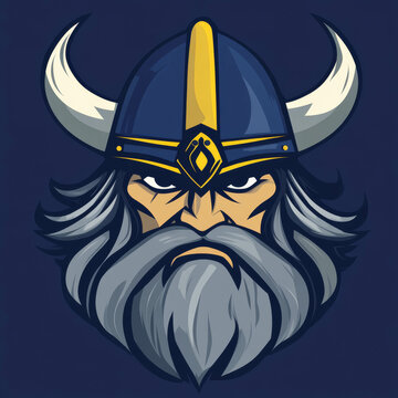 Vector logo of an old Viking with a grey beard, wearing a helmet and horned visor, simple design with crisp lines on a dark blue background
