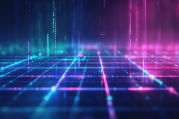 Glowing digital grid stretching into the horizon virtual space abstract visual futuristic environment wide perspective