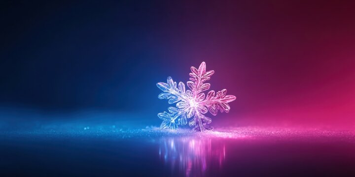 Close-up of a snowflake serene macro photography in pink and blue gradients of a winter wonderland