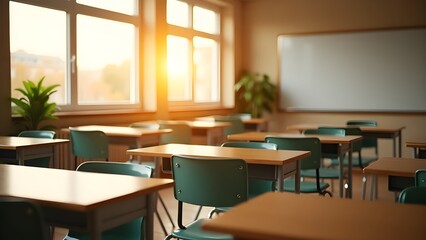 Classroom during sunset with warm light highlighting rows of empty desks