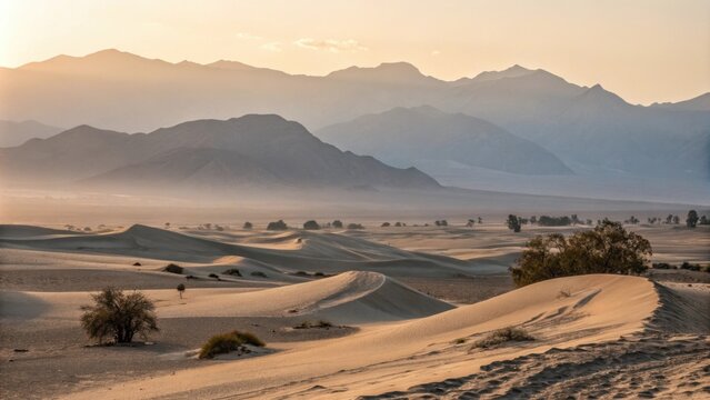 Mesquite trees growing on the slopes of sand dunes in death valley national park are reflecting warm sunset light, with mountain ranges in the background