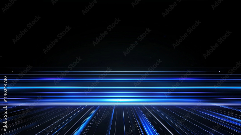 Poster Abstract Cosmic Nebula: Electric Blue Light Speed Lines on a Dark Canvas, Ideal for Futuristic and Sci-Fi Designs. High-Resolution Vector Background with Copy Space.