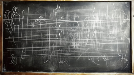 Chalkboard filled with musical notes and sketches in a classroom setting during a school day