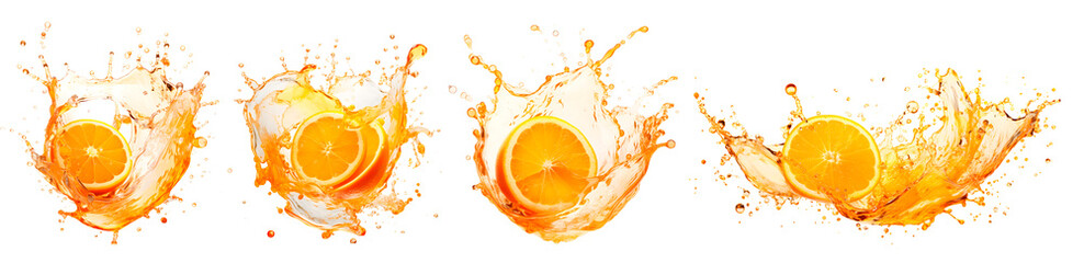 Set of Orange with juice splash on the transparent background, summer fruits concept, realistic design illustration, generative ai