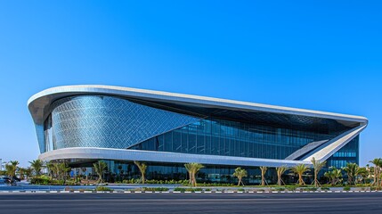 Modern Sleek Office Building Against Clear Blue Sky