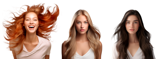 Set of Beautiful girls with long and healthy hair, isolated on transparent background, healthy hair concept, realistic illustration, generative ai