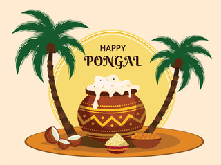Happy Pongal Celebration Poster with Traditional Clay Pot of Rice Dish, Indian Sweet (Laddu) and Coconut Trees on Beige Background.
