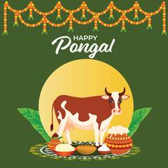 Happy Pongal Celebration Poster with Cow Character and Festival Elements on Green Background.