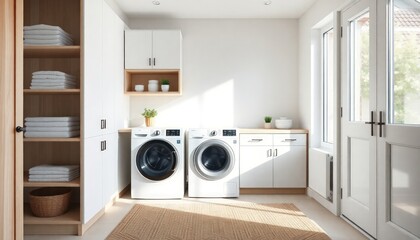 Scandinavian Style - Interior Design of Laundry Room with Scandinavian Concept - Hotel Laundry Room - Apartment Laundry Room Interior with Washing Machine - Interior Design