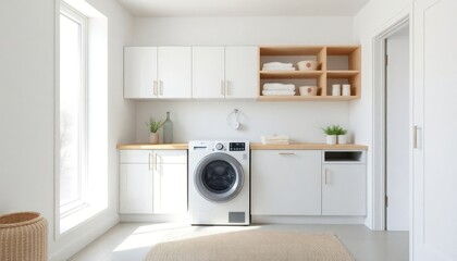 Scandinavian Style - Interior Design of Laundry Room with Scandinavian Concept - Hotel Laundry Room - Apartment Laundry Room Interior with Washing Machine - Interior Design