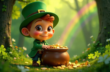 St. Patrick's day icon: cute child leprechaun and a pot of gold. Cartoon lucky elf dwarf in a forest clearing
