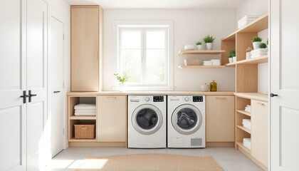 Scandinavian Style - Interior Design of Laundry Room with Scandinavian Concept - Hotel Laundry Room - Apartment Laundry Room Interior with Washing Machine - Interior Design