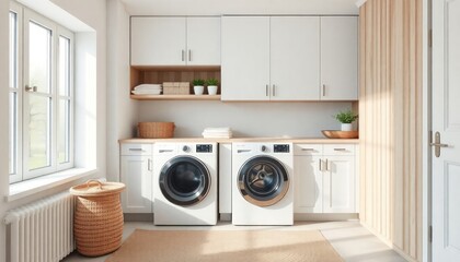 Scandinavian Style - Interior Design of Laundry Room with Scandinavian Concept - Hotel Laundry Room - Apartment Laundry Room Interior with Washing Machine - Interior Design