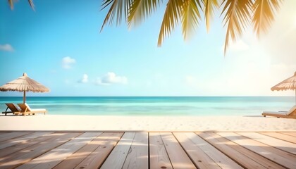 Obraz premium Wooden dock on a tropical beach with palm trees and a calm, turquoise ocean in the background