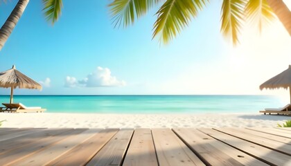 Fototapeta premium Wooden dock on a tropical beach with palm trees and a calm, turquoise ocean in the background
