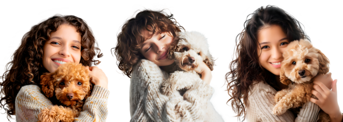 Set of Woman hugging her loved Toy Poodle dog, isolated on transparent background, people and pets concept, realistic illustration, generative ai