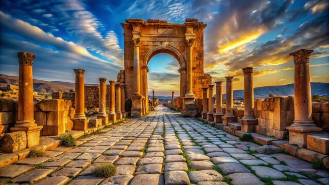 Algeria Timgad: Ancient Roman Ruins, Decumanus Maximus Street & Trajan's Arch - Historical Landscape Photography