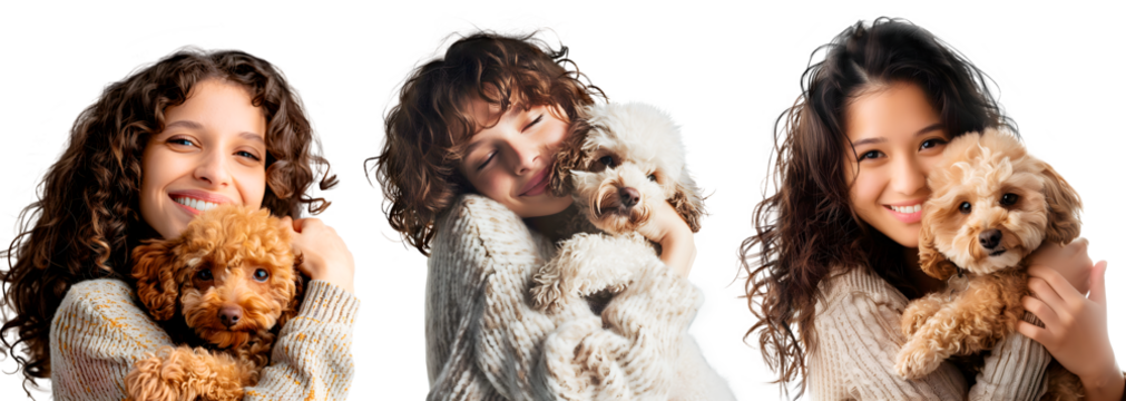 Set of Woman hugging her loved Toy Poodle dog, isolated on transparent background, people and pets concept, realistic illustration, generative ai