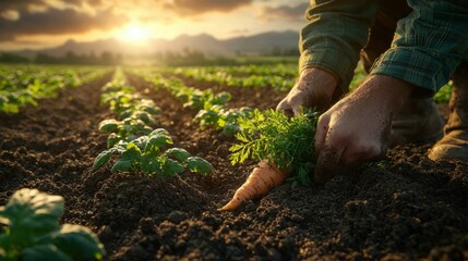 A farmer gently pulls a carrot from the soil in a field during sunset, with lush green plants surrounding him and mountains in the background.