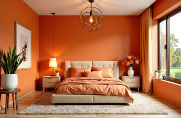 Modern bedroom interior, large bed, orange colored walls, modern elements, chandelier, flowers in pots