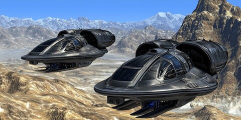 Futuristic Hovercrafts Explore Alien Planet Landscape