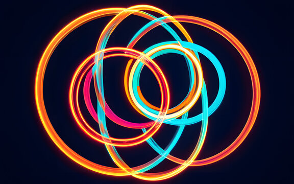 Interlocking circles, glowing with vibrant lights, symbolizing unity and connection