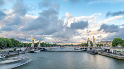 Bridge of Alexandre III spanning the river Seine timelapse hyperlapse. Paris. France.