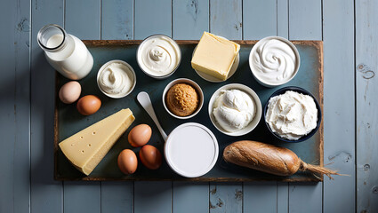 Dairy products assortment on bluish tint kitchen table with copy space