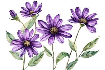 Obraz premium Delicate Watercolor Illustration of Purple Flowers and Leaves