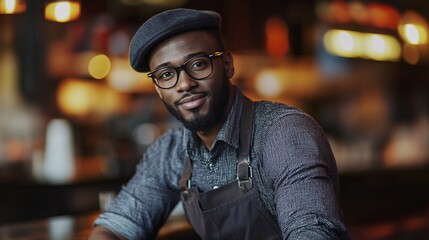 Fototapeta premium Confident barista wearing apron and glasses smiling in cafe