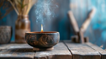 Candle is lit in a dark room