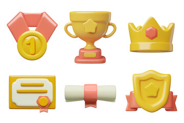 Awards and prizes 3d vector icons collection including a crown, a gold medal, a trophy cup, a winner certificate, diploma scroll and a shield with a star. 