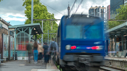 Javel train station with Eiffel tower on background timelapse. Paris, France