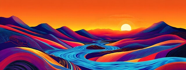 A synthwave landscape with neon lines and glowing curves, depicting an otherworldly horizon under the setting sun