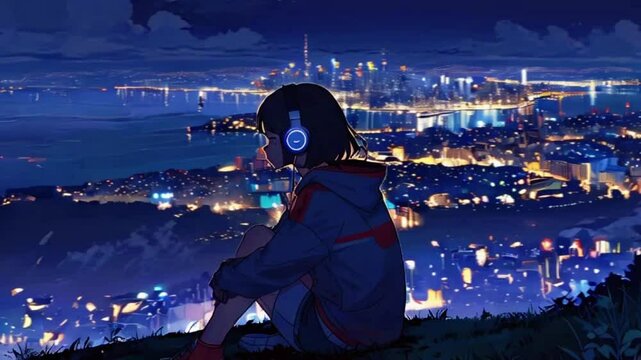 A person with headphones sitting on a hill, gazing at a twinkling city skyline far below, 4k High-Quality Wallpaper Background Animation Video