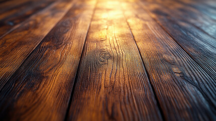 Textured wooden table surface with warm sunlight and soft bokeh effect