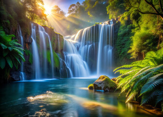 Fototapeta premium Cascading waterfall plunges into serene lake, surrounded by lush greenery and illuminated by sunlight. tranquil scene of nature beauty and harmony
