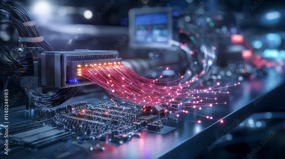 Poster Futuristic fiber optic internet system technology lab digital render high-tech environment close-up view connectivity concept