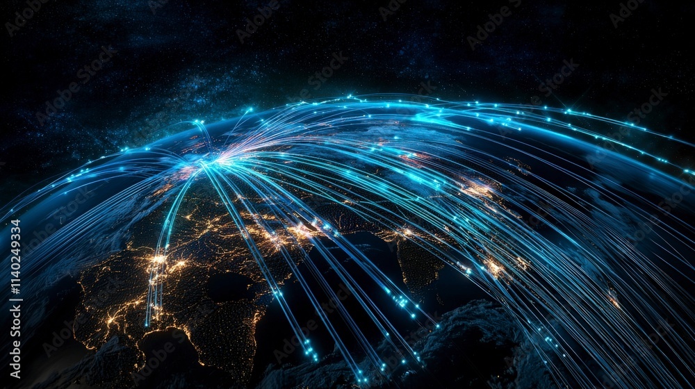 Aufkleber Global internet network powered by fiber optic cables connecting continents digital visualization nighttime technology